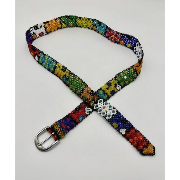 Vintage Artisan-Made Seed Beaded Belt Silver Buckle Red Cobalt Blue White Yellow